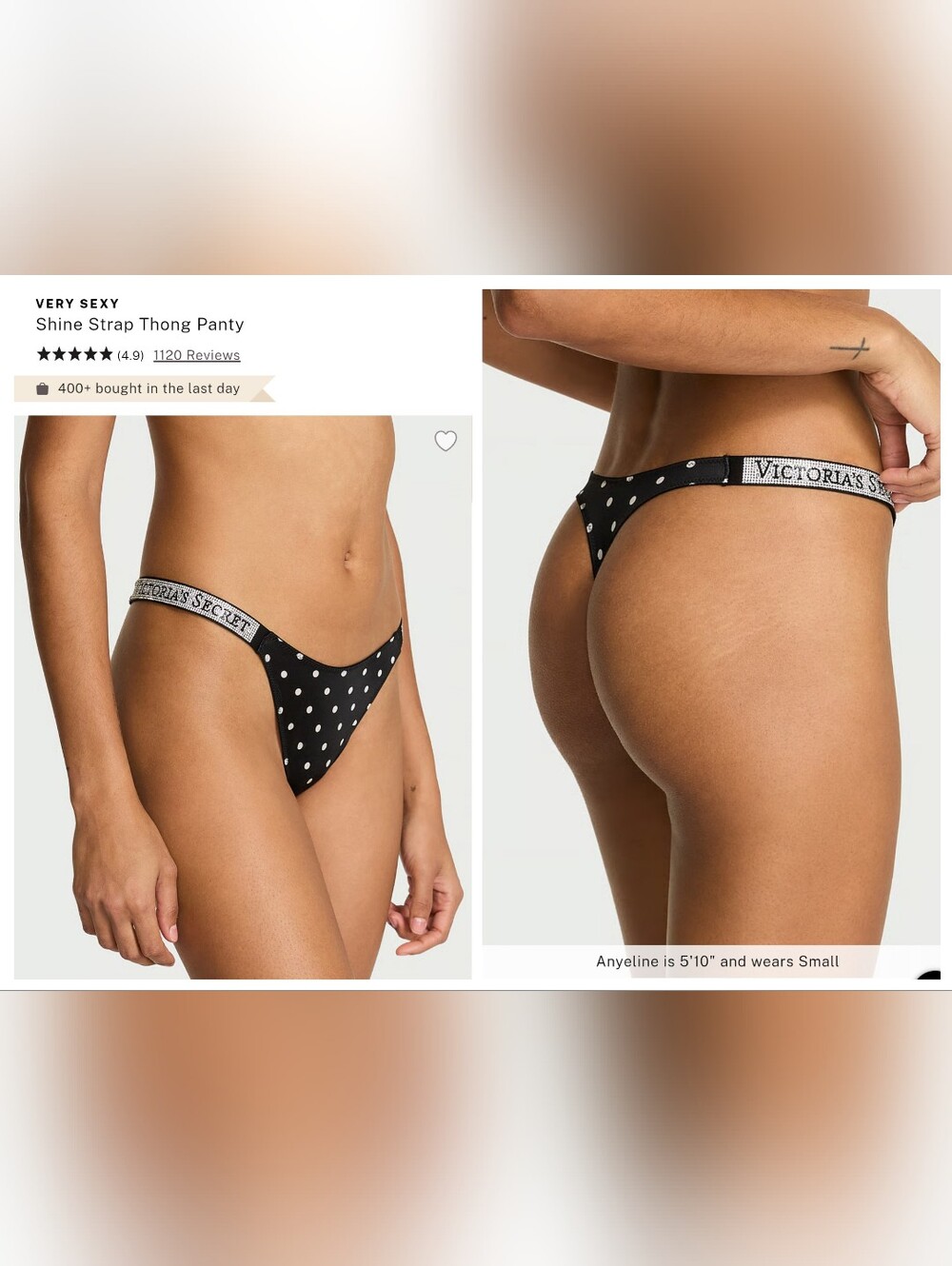Victoria's Secret Very Sexy Polka Dot Shine Strap Thong Panty BLACK XLARGE